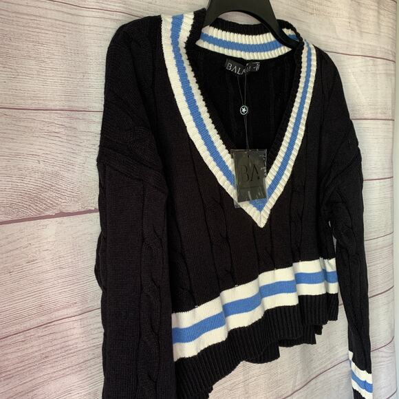 Balboa Fashion Cable Knit Tennis Sweater Black Blue Striped Crop With Tag Size L - Picture 15 of 16
